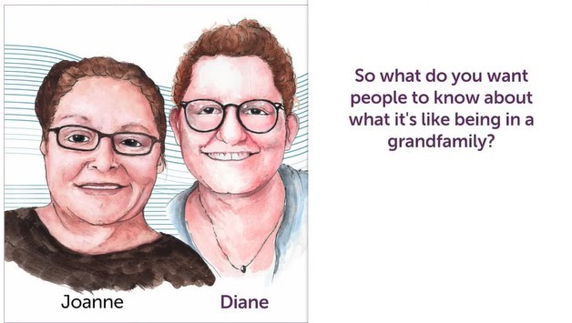 Split visual: An illustration of two white women standing side by side one the right and a quote from the audio on the left